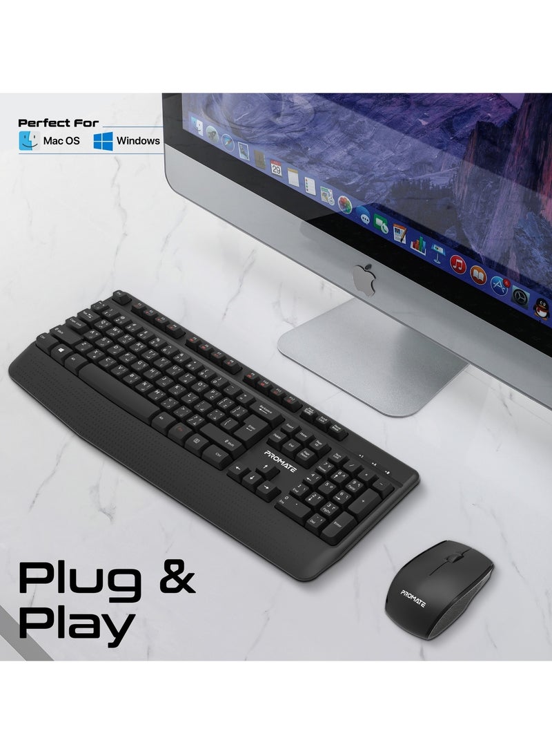 PROMATE - 2.4Ghz Wireless Keyboard and Mouse, Full-Sized Cordless Multimedia Keyboard with Ambidextrous 1200 DPI Mouse, Palm Rest, Angled Kickstand and Nano USB Receiver for Mac OS, Windows, ProCombo-14 English Black - Image 1