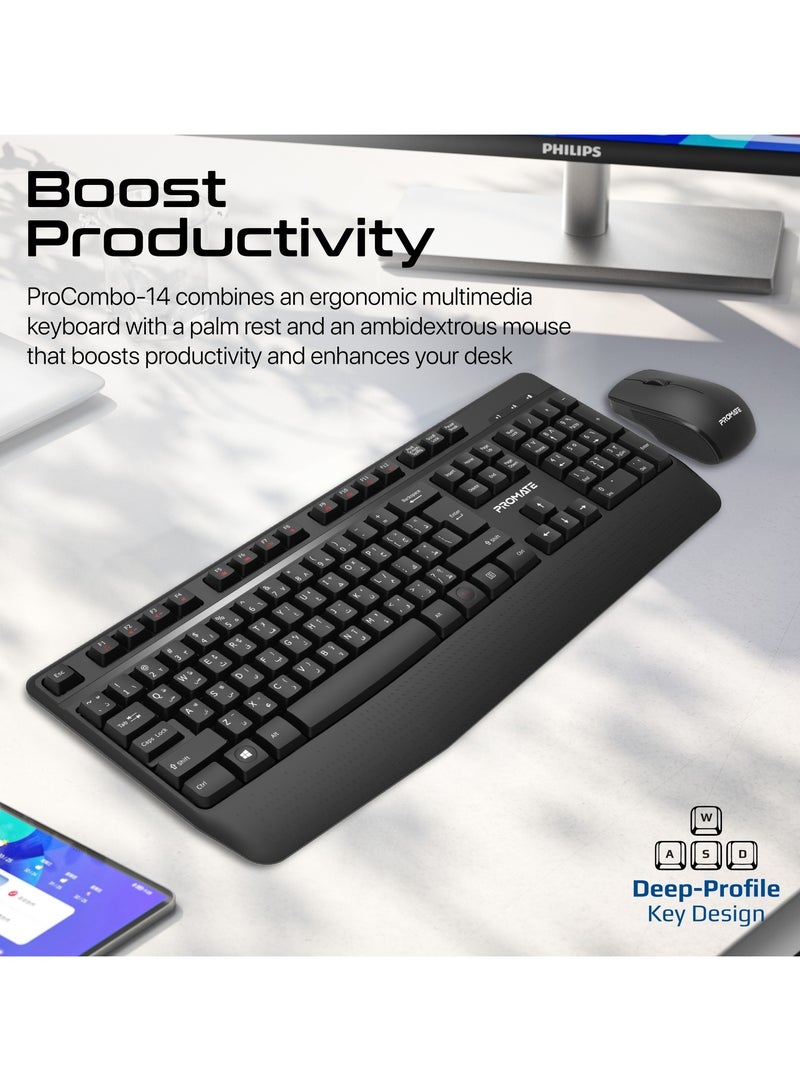 PROMATE - 2.4Ghz Wireless Keyboard and Mouse, Full-Sized Cordless Multimedia Keyboard with Ambidextrous 1200 DPI Mouse, Palm Rest, Angled Kickstand and Nano USB Receiver for Mac OS, Windows, ProCombo-14 English Black - Image 1