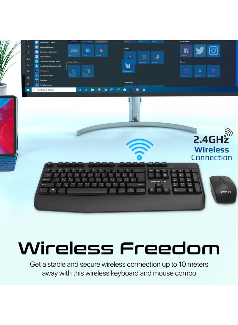 PROMATE - 2.4Ghz Wireless Keyboard and Mouse, Full-Sized Cordless Multimedia Keyboard with Ambidextrous 1200 DPI Mouse, Palm Rest, Angled Kickstand and Nano USB Receiver for Mac OS, Windows, ProCombo-14 English Black - Image 1