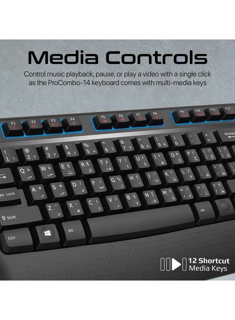 PROMATE - 2.4Ghz Wireless Keyboard and Mouse, Full-Sized Cordless Multimedia Keyboard with Ambidextrous 1200 DPI Mouse, Palm Rest, Angled Kickstand and Nano USB Receiver for Mac OS, Windows, ProCombo-14 English Black - Image 1