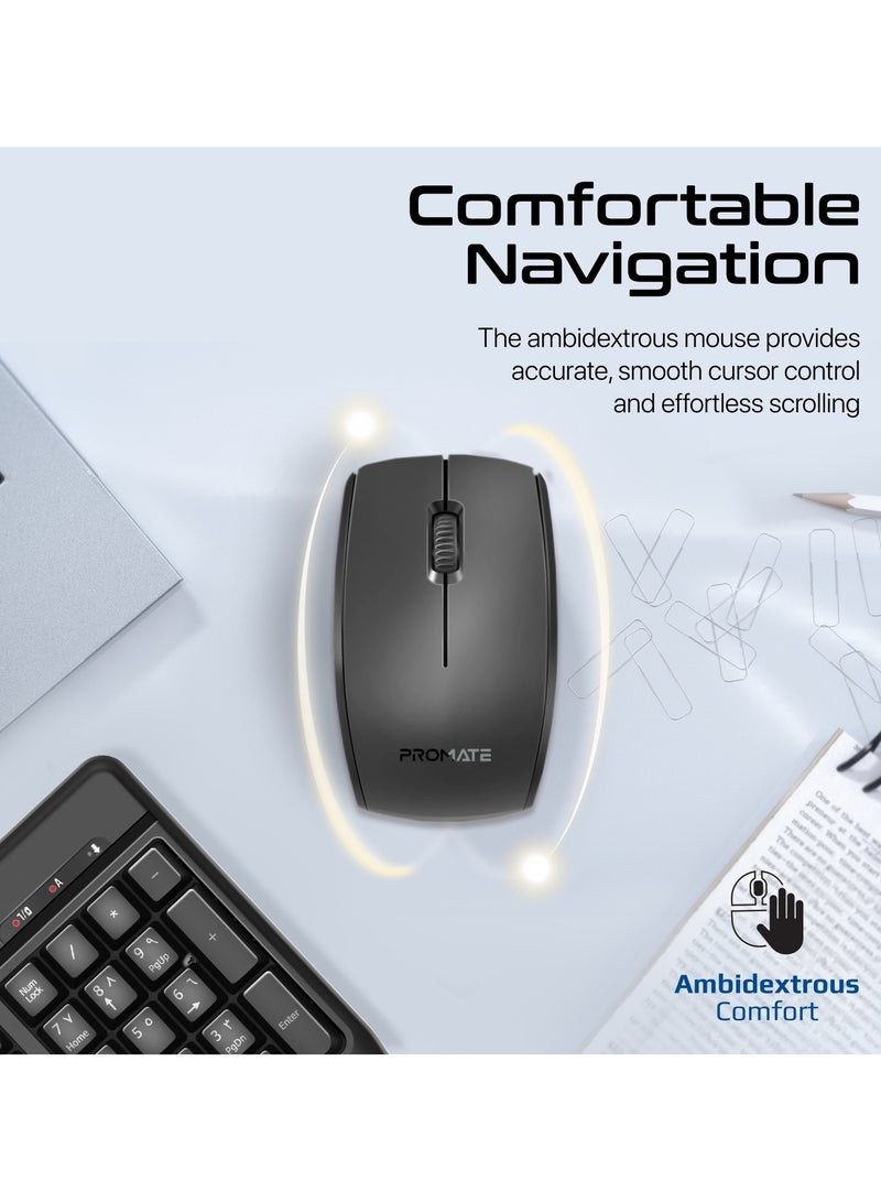 PROMATE - 2.4Ghz Wireless Keyboard and Mouse, Full-Sized Cordless Multimedia Keyboard with Ambidextrous 1200 DPI Mouse, Palm Rest, Angled Kickstand and Nano USB Receiver for Mac OS, Windows, ProCombo-14 English Black - Image 1