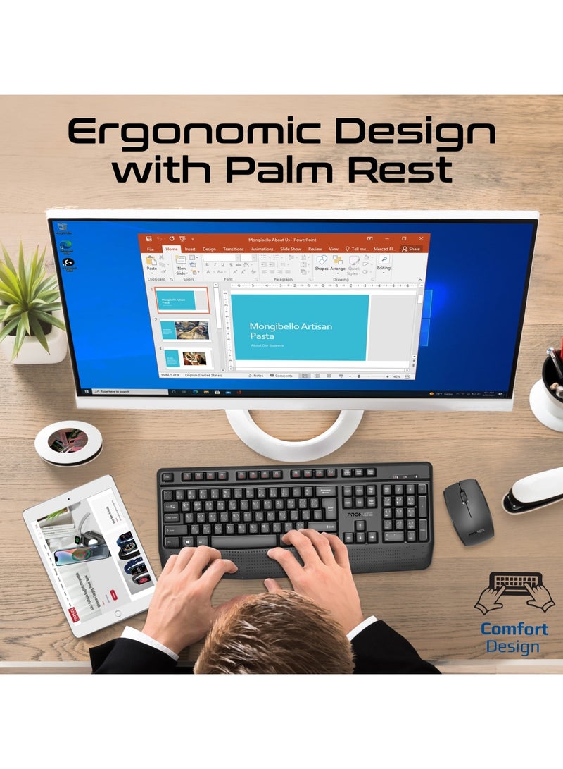 PROMATE - 2.4Ghz Wireless Keyboard and Mouse, Full-Sized Cordless Multimedia Keyboard with Ambidextrous 1200 DPI Mouse, Palm Rest, Angled Kickstand and Nano USB Receiver for Mac OS, Windows, ProCombo-14 English Black - Image 1