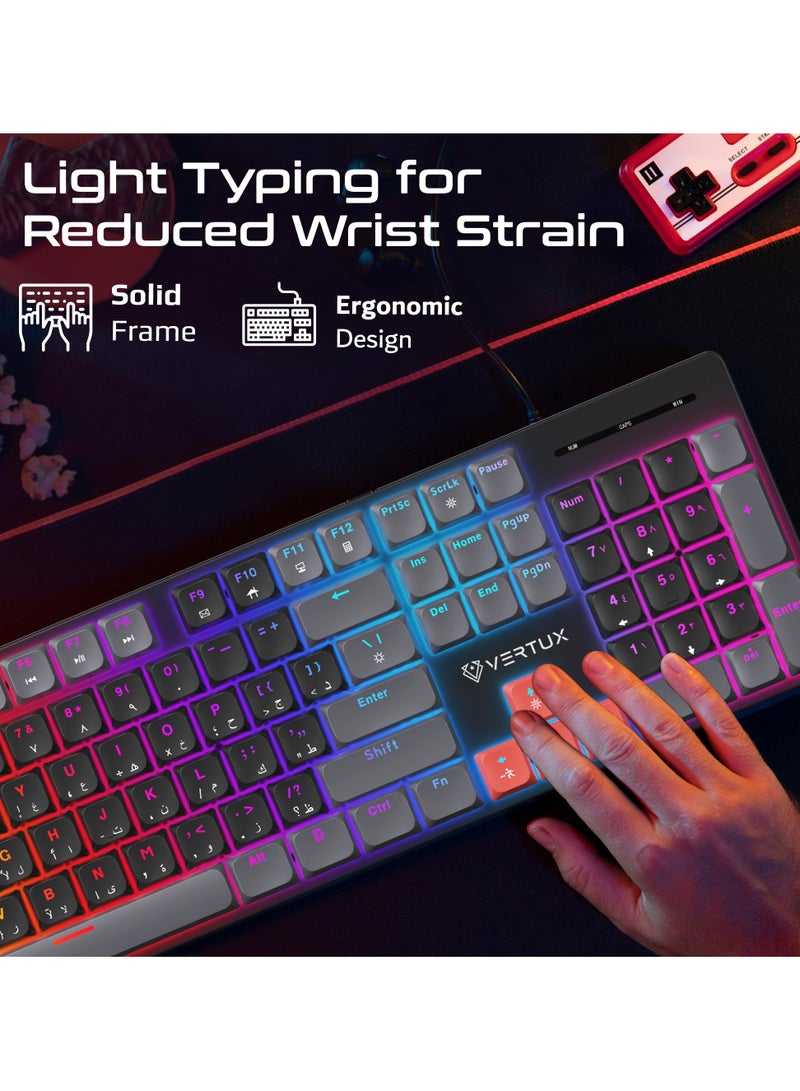 فيرتوكس Full-Size Mechanical Keyboard for Gamers With 17 LED Rainbow Modes, Low-Profile Dust-Proof Keys, 26 Anti-Ghosting Keys, and Stabilized Big Keys and Superior Performance – StealthKey English - Image 4