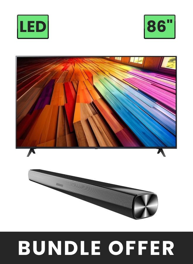 LG 86-Inch UT80 4K UHD Smart TV with AI α5 Gen 7 4K Processor, HDR10 Pro, 60Hz, Magic Remote + 2-Channel 30W Soundbar with 3D Immersive Sound, HDMI (ARC), Bluetooth, USB 86UT80006L+SOUNDBAR Black - Image 1