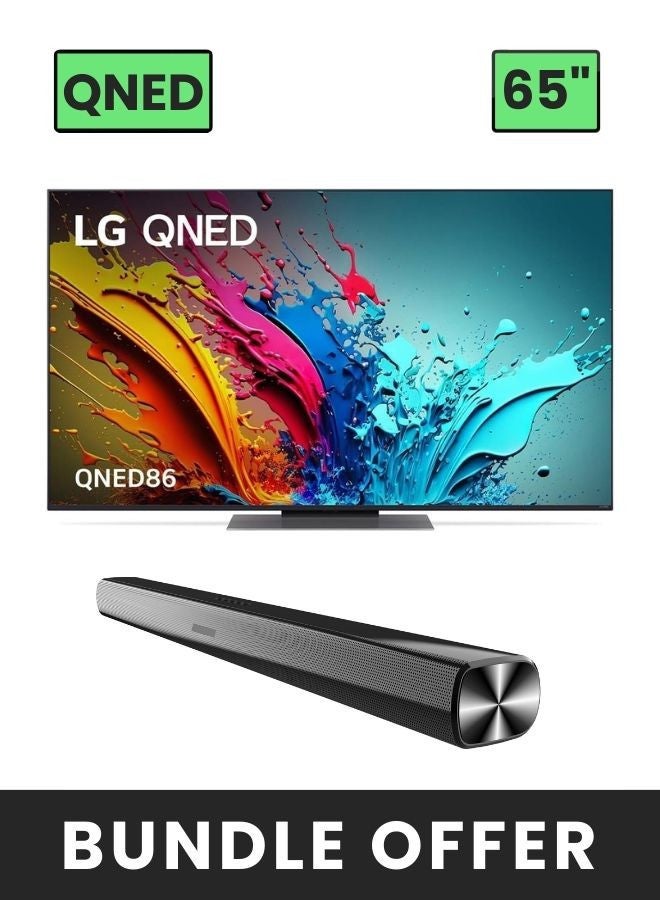 65-Inch QNED86T 4K UHD Smart TV with α8 AI Processor 4K, 120Hz, HDR10, VRR + 2-Channel 30W Soundbar with 3D Immersive Sound, HDMI (ARC), Bluetooth, USB 65QNED86T6A+SOUNDBAR Black