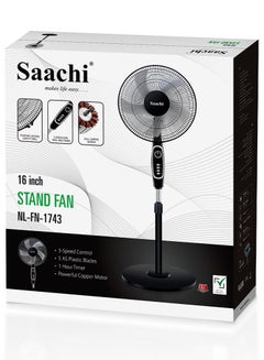 Saachi 16-Inch Stand Fan with Powerful Copper Motor, Adjustable Height, 3-Speed Control, Wide Oscillation & 1-Hour Timer 60 W NL-FN-1743-BK Black  - Image 5