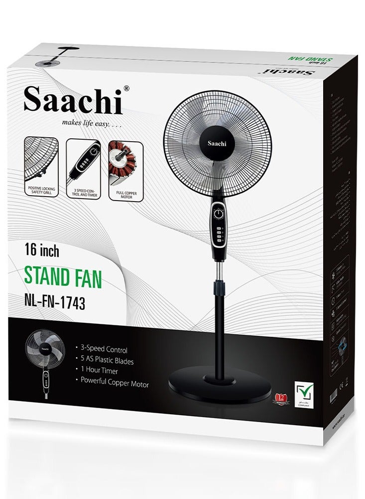 ساتشي 16-Inch Stand Fan with Powerful Copper Motor, Adjustable Height, 3-Speed Control, Wide Oscillation & 1-Hour Timer 60 W NL-FN-1743-BK Black  - Image 5