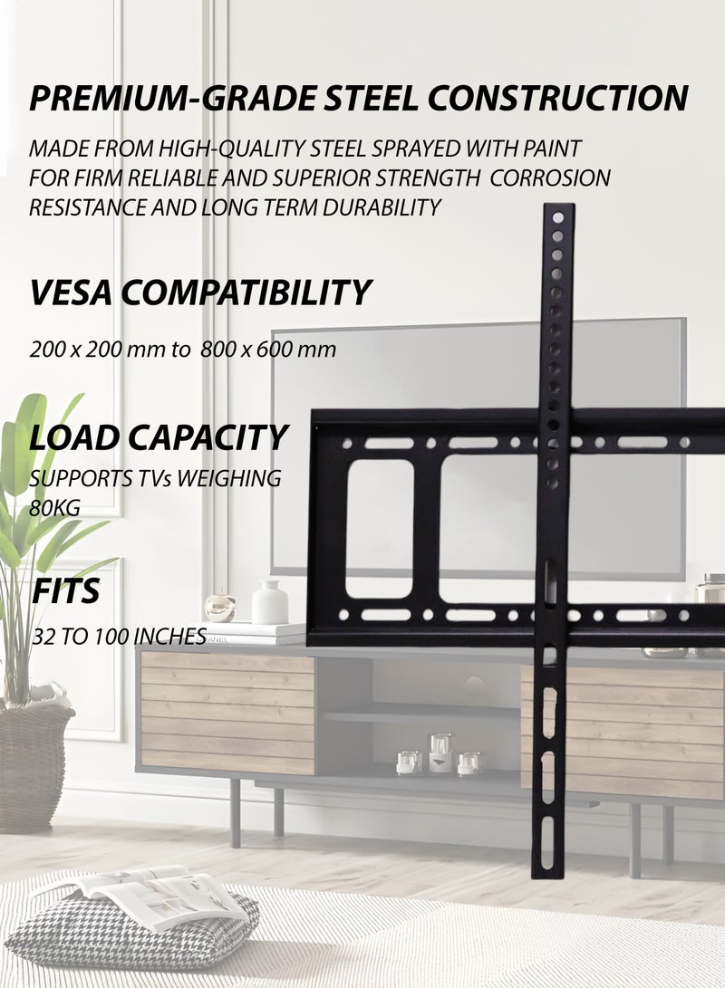 Toshionics Ultra Strong Heavy Duty Fixed TV Wall Mount Bracket for LED and LCD TVs  V80 Universal TV Mount with Built-in Cable Management Supports 32 to 100 Inch Screens VESA 200x200mm to 800x600mm Max Load 80kg Slim and Secure Steel TV Wall Bracket for Flat and Curved Panel Televisions black - Image 2