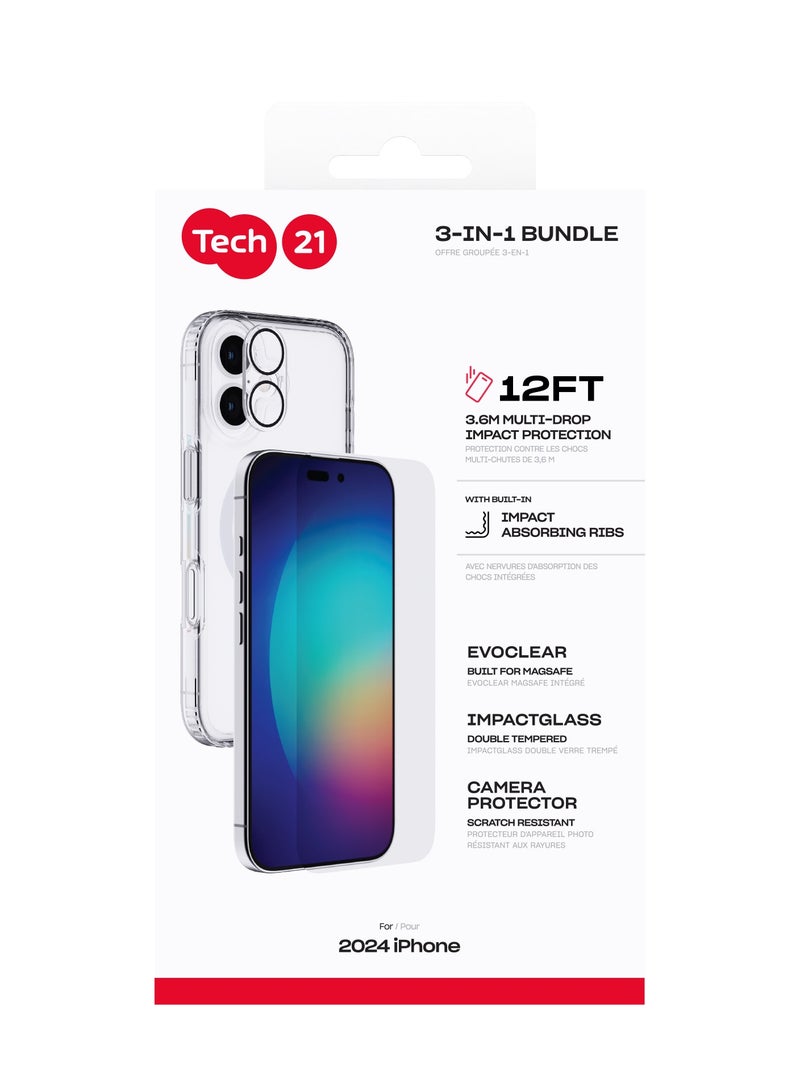 تيك 21 - مجموعة واقي شاشة وحافظة وواقي عدسة كاميرا لهاتف iPhone 16 شفاف - Image 1