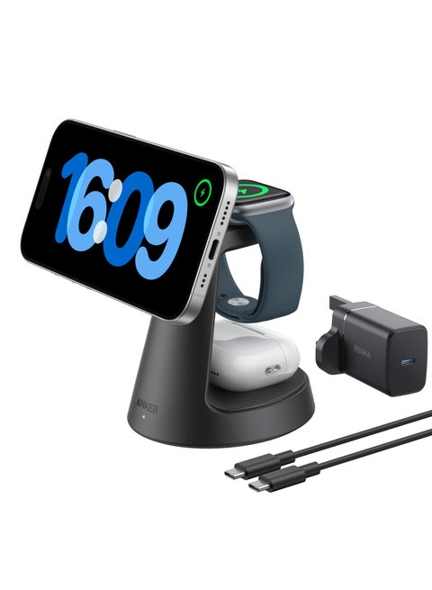 MagGo Magnetic Wireless Charger (Dock Stand), 3-in-1 Qi2 Certified 15W MagSafe Compatible Wireless Charger, For iPhone 16/15/14/13/12 Series, Apple Watch, AirPods Pro, and More (Adapter Included) Black