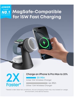 آنكر MagGo Magnetic Wireless Charger (Dock Stand), 3-in-1 Qi2 Certified 15W MagSafe Compatible Wireless Charger, For iPhone 16/15/14/13/12 Series, Apple Watch, AirPods Pro, and More (Adapter Included Black  - Image 2