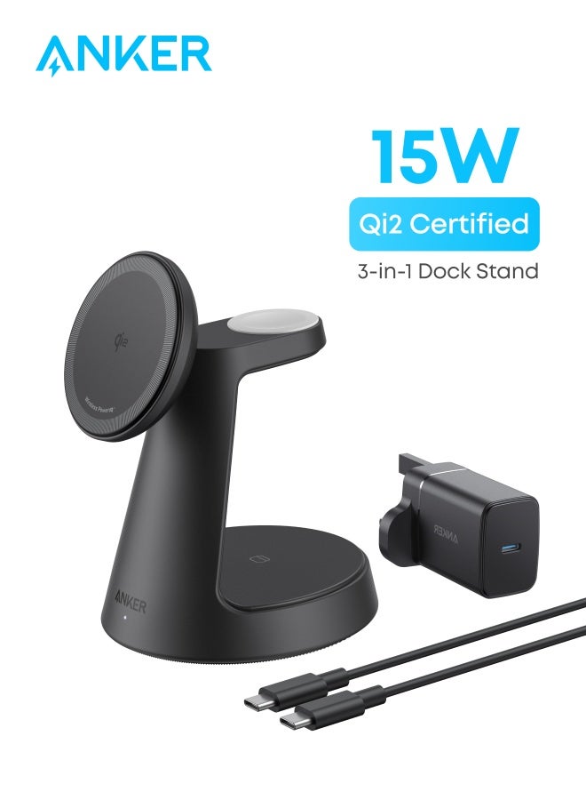 Anker MagGo Magnetic Wireless Charger (Dock Stand), 3-in-1 Qi2 Certified 15W MagSafe Compatible Wireless Charger, For iPhone 16/15/14/13/12 Series, Apple Watch, AirPods Pro, and More (Adapter Included) Black  - Image 1