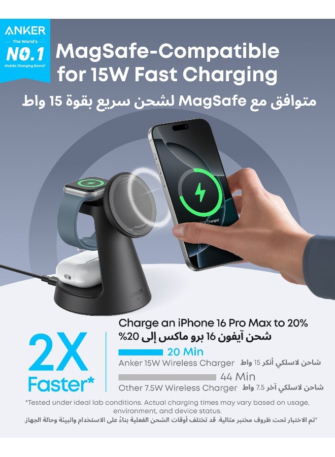 Anker MagGo Magnetic Wireless Charger (Dock Stand), 3-in-1 Qi2 Certified 15W MagSafe Compatible Wireless Charger, For iPhone 16/15/14/13/12 Series, Apple Watch, AirPods Pro, and More (Adapter Included) Black  - Image 3