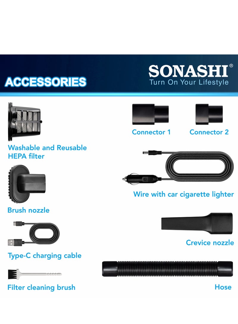 SONASHI - Rechargeable Vacuum Cleaner, Portable with Wet/Dry Functionality, With 0.4L Dust Cup Capacity And Easy Charging Type-C Slot, Continuous Working Of 15 Mins, Perfect Hoover For Home And Car 72 W SHC-231 Black - Image 1