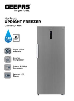 جيباس 510L Convertible Upright Freezer: No Frost, Inverter Compressor, Fridge/Freezer Option, Digital Control, Door Alarm 190 W GRFU6024XHN Silver  - Image 1