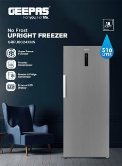 جيباس 510L Convertible Upright Freezer: No Frost, Inverter Compressor, Fridge/Freezer Option, Digital Control, Door Alarm 190 W GRFU6024XHN Silver  - Image 2