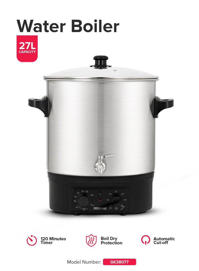 جيباس 27 Liter Water Boiler 2000 W | Stainless Steel Housing and Faucet, Tempered Glass Lid |120 minutes Timer, Boil Dry Protection and Temperature Control | Perfect for Boiling Water, Milk, Tea| 2 Years Warranty GK38077 stainless Steel - Image 1