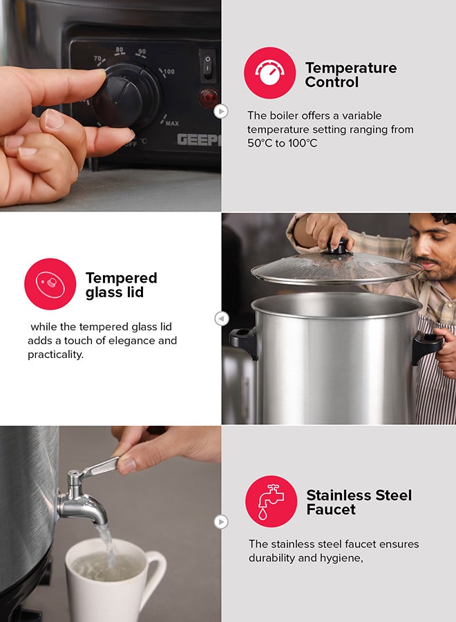 جيباس 27 Liter Water Boiler 2000 W | Stainless Steel Housing and Faucet, Tempered Glass Lid |120 minutes Timer, Boil Dry Protection and Temperature Control | Perfect for Boiling Water, Milk, Tea| 2 Years Warranty GK38077 stainless Steel - Image 4