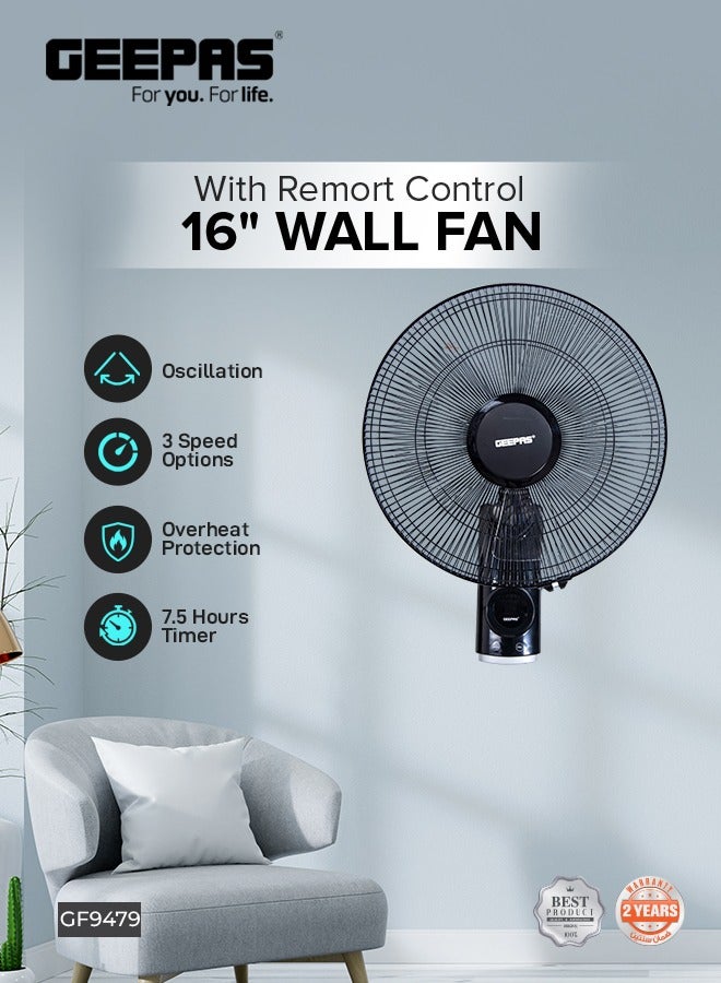 GEEPAS - 16 Inch Wall Fan With Remote Control,3 Speed Options, 5 Pcs AS Blade, 12 Hours Timer Wide Oscillation and Oveheat Protection Durable Metal Grill 60 W GF9479N Black - Image 1
