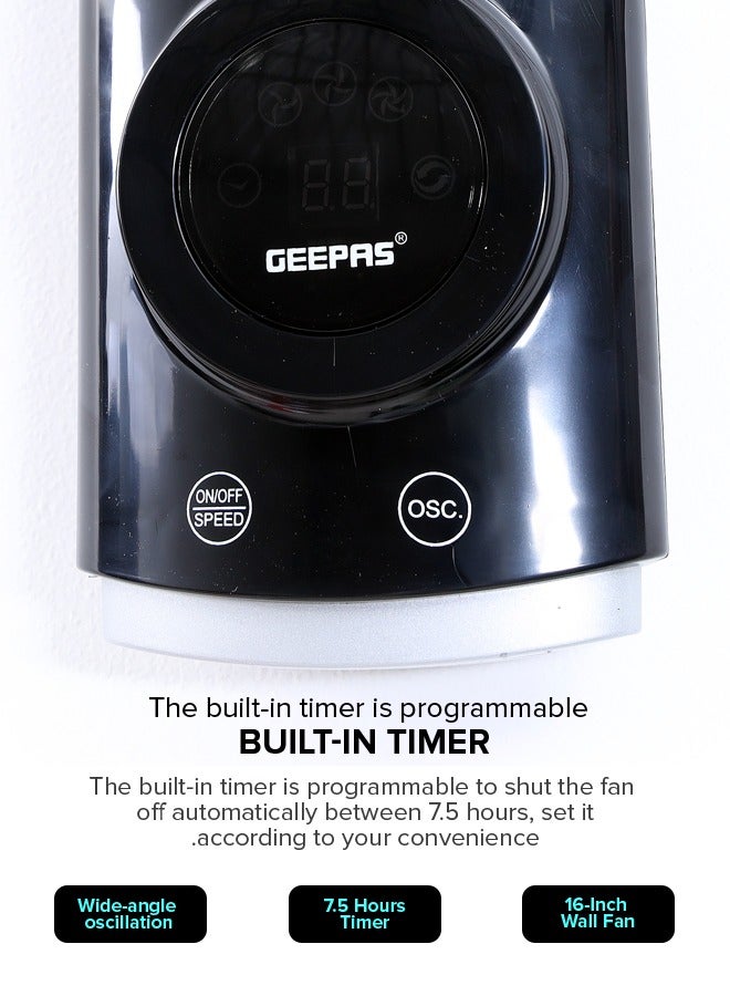 GEEPAS - 16 Inch Wall Fan With Remote Control,3 Speed Options, 5 Pcs AS Blade, 12 Hours Timer Wide Oscillation and Oveheat Protection Durable Metal Grill 60 W GF9479N Black - Image 1