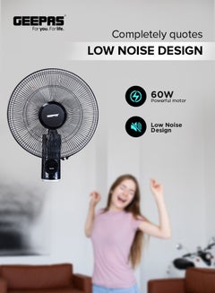 جيباس 16 Inch Wall Fan With Remote Control,3 Speed Options, 5 Pcs AS Blade, 12 Hours Timer Wide Oscillation and Oveheat Protection Durable Metal Grill 60 W GF9479N Black  - Image 3