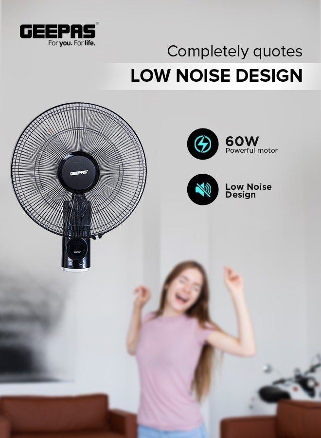 GEEPAS - 16 Inch Wall Fan With Remote Control,3 Speed Options, 5 Pcs AS Blade, 12 Hours Timer Wide Oscillation and Oveheat Protection Durable Metal Grill 60 W GF9479N Black - Image 1