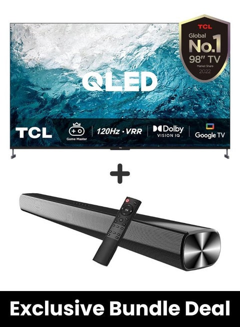 TCL 98C735 4K QLED TV & Soundbar Bundle – HDR 10, Dolby Vision IQ, Atmos, 120Hz MEMC  |Immersive 2-Channel Sound, USB, HDMI, Bluetooth & More 98C735+SOUNDBAR black