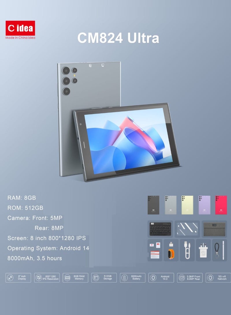 سي آيديا - CM824 Ultra  8-Inch Smart Kids Tablet Single SIM 8GB RAM 512GB 5G Silver/Grey- International Version - Image 1