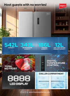 Impex 542L Side-by-Side Refrigerator with No Frost| 343L Refrigerator,186L Freezer Capacity,12L Two-Star Frozen Freezer Capacity| Digital Temperature Control| Chiller Compartment| Glass Shelves| Inox Stainless Steel| Interior Lamp| Egg Tray And Ice Tray| R600a Refrigerant IRF550SBSS Inox Stainless Steel  - Image 5