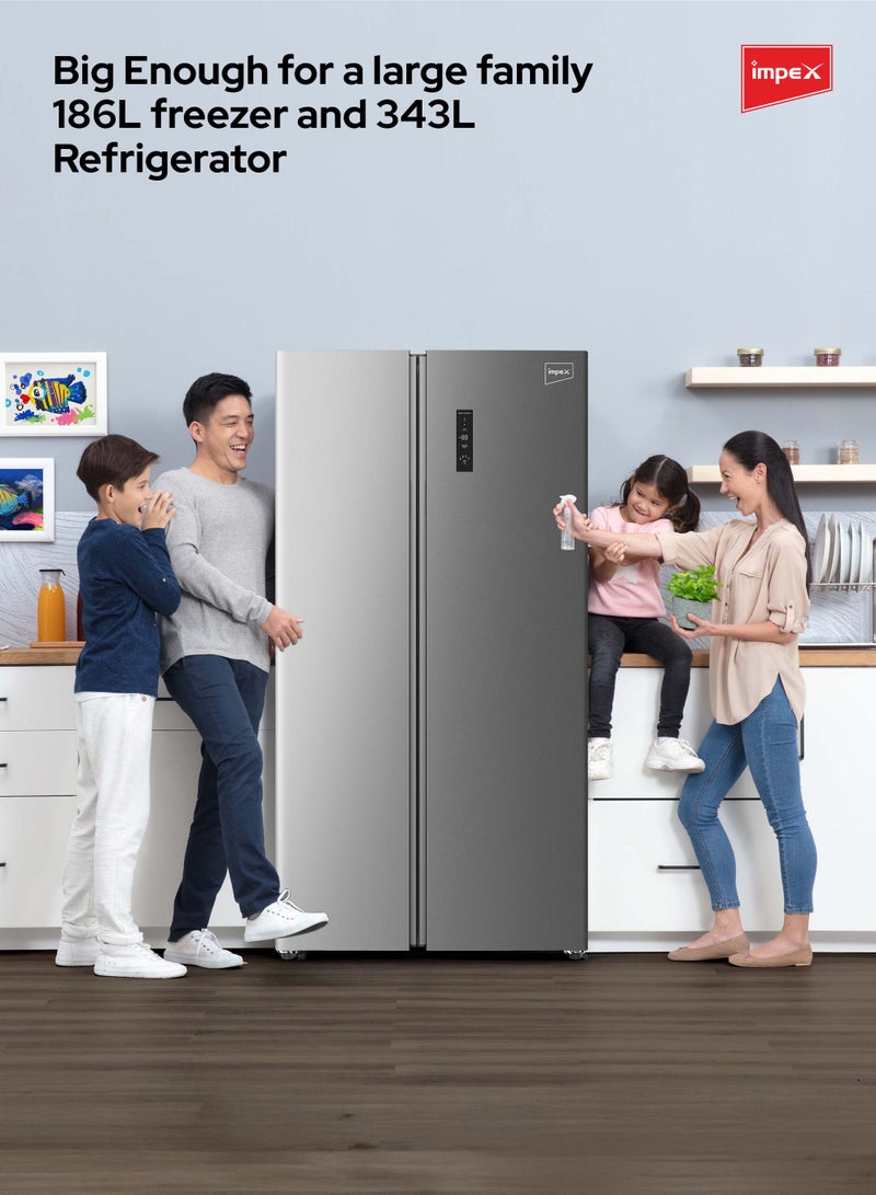 إمبكس 542L Side-by-Side Refrigerator with No Frost| 343L Refrigerator,186L Freezer Capacity,12L Two-Star Frozen Freezer Capacity| Digital Temperature Control| Chiller Compartment| Glass Shelves| Inox Stainless Steel| Interior Lamp| Egg Tray And Ice Tray| R600a Refrigerant IRF550SBSS Inox Stainless Steel  - Image 4