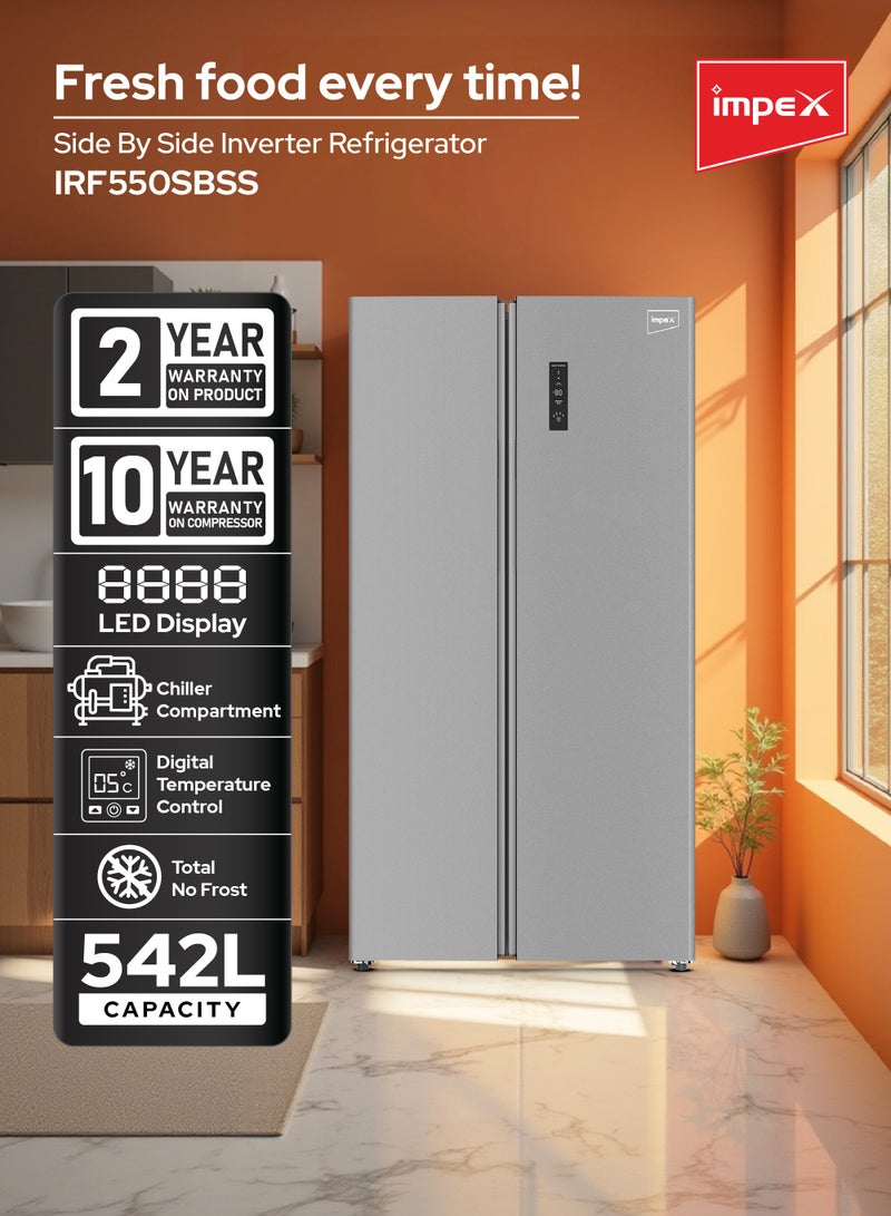 إمبكس 542L Side-by-Side Refrigerator with No Frost| 343L Refrigerator,186L Freezer Capacity,12L Two-Star Frozen Freezer Capacity| Digital Temperature Control| Chiller Compartment| Glass Shelves| Inox Stainless Steel| Interior Lamp| Egg Tray And Ice Tray| R600a Refrigerant IRF550SBSS Inox Stainless Steel  - Image 2