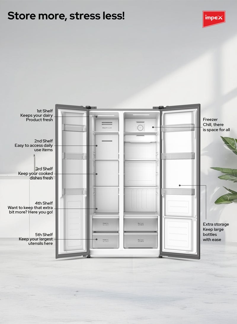 542L Side-by-Side Refrigerator with No Frost| 343L Refrigerator,186L Freezer Capacity,12L Two-Star Frozen Freezer Capacity| Digital Temperature Control| Chiller Compartment| Glass Shelves| Inox Stainless Steel| Interior Lamp| Egg Tray And Ice Tray| R600a Refrigerant IRF550SBSS Inox Stainless Steel