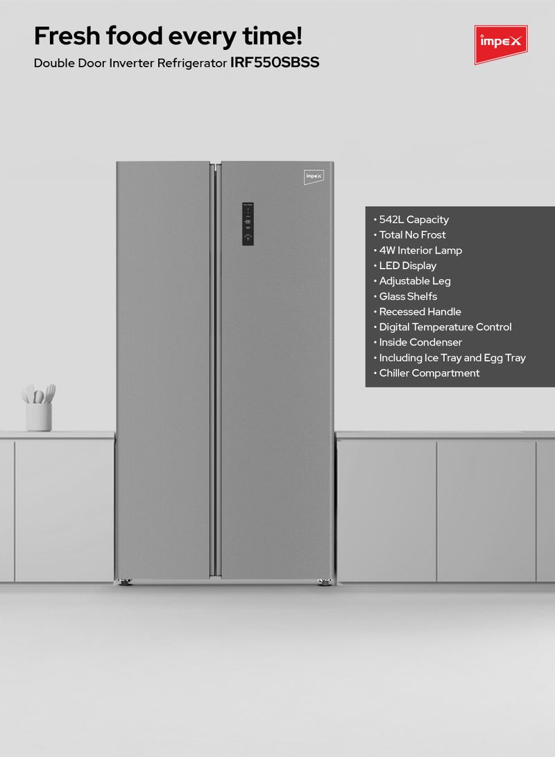 542L Side-by-Side Refrigerator with No Frost| 343L Refrigerator,186L Freezer Capacity,12L Two-Star Frozen Freezer Capacity| Digital Temperature Control| Chiller Compartment| Glass Shelves| Inox Stainless Steel| Interior Lamp| Egg Tray And Ice Tray| R600a Refrigerant IRF550SBSS Inox Stainless Steel