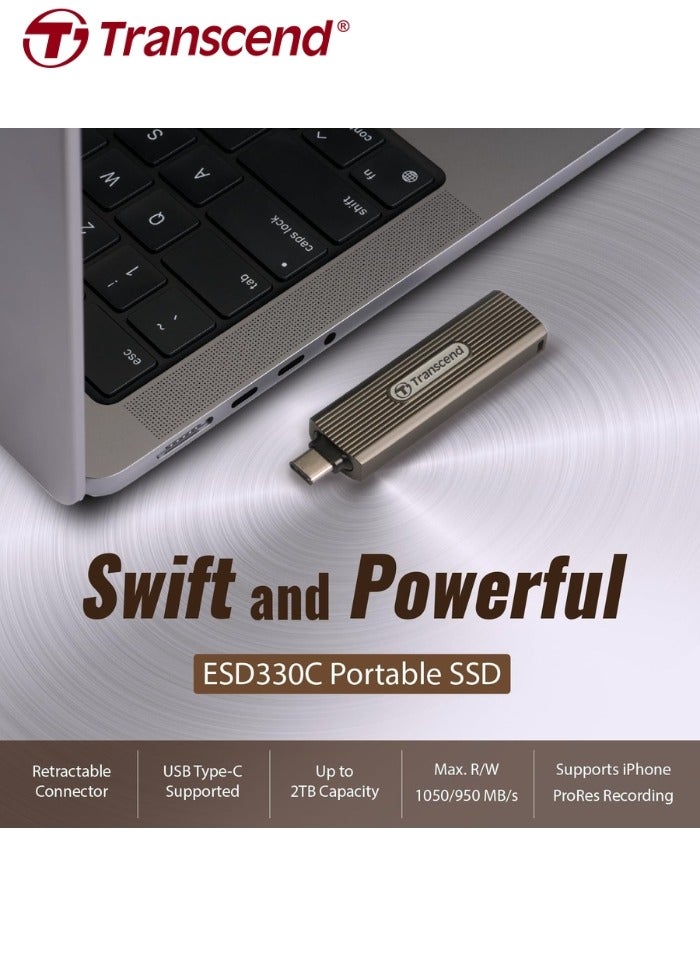 ترانسيند ESD330C External Solild State Drive | Portable SSD USB Type-C | Compatible iPhone 4K ProRes, Retractable Connector, Metal Case, Up to 1050 MB/s Speed 2 TB  - Image 3