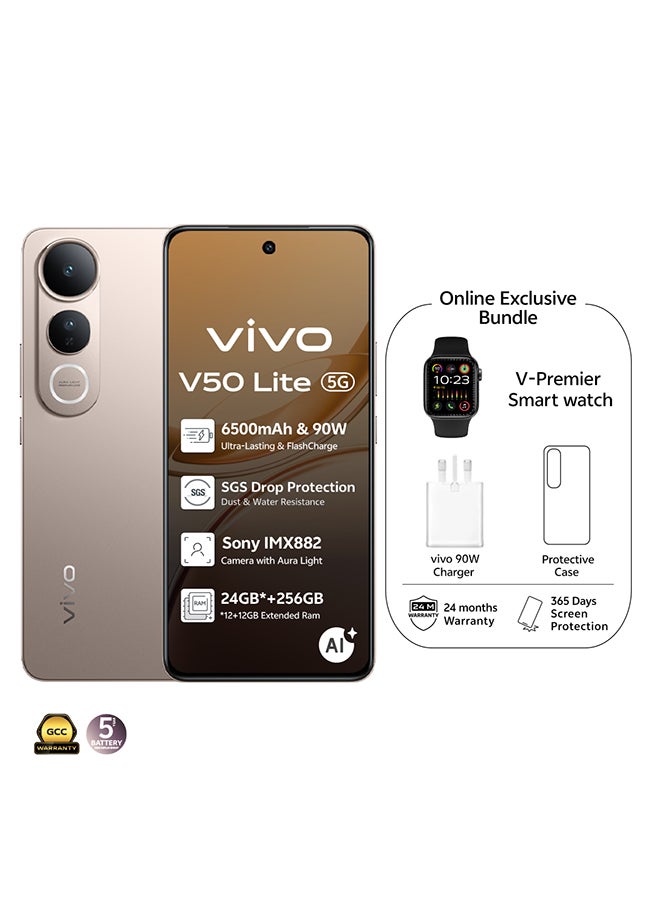 فيفو V50 Lite AI 5G Dual SIM Titanium Gold 12GB RAM 256GB With Exclusive Gifts Smart Watch, 90W Charger And 24 Months Warranty + 1 Year Screen Replacement - Middle East Version  - Image 1