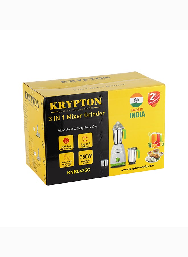 KRYPTON 3-in-1 Mixer Grinder with 750W Heavy-Duty Motor – Stainless Steel Jars & Blades, 3-Speed Control, Overload Protection, Multipurpose for Masala, Batter, Chutney, Juices 750 W KNB6425C White/Yellow - Image 5