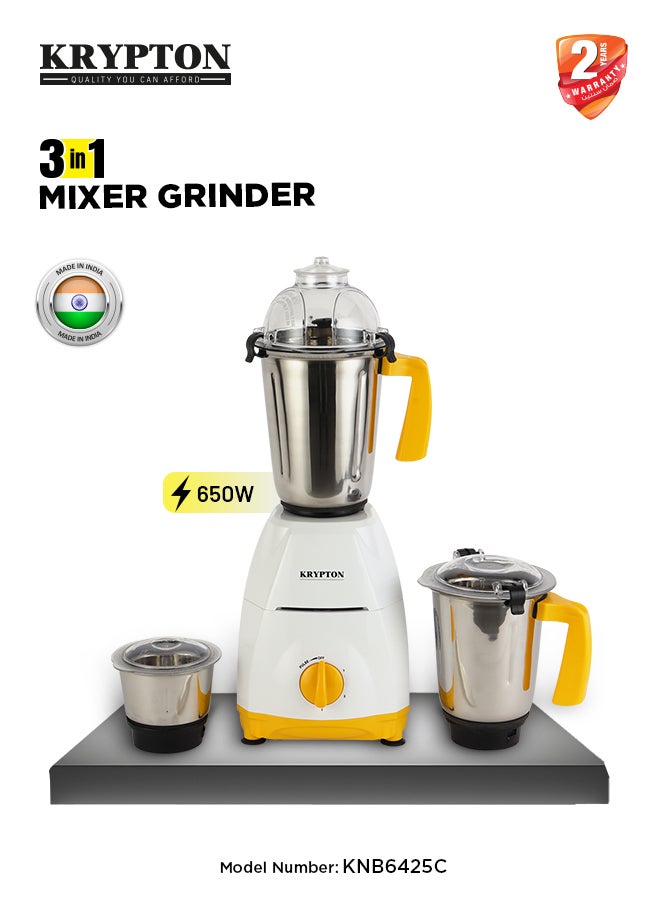 KRYPTON 3-in-1 Mixer Grinder with 750W Heavy-Duty Motor – Stainless Steel Jars & Blades, 3-Speed Control, Overload Protection, Multipurpose for Masala, Batter, Chutney, Juices 750 W KNB6425C White/Yellow - Image 1