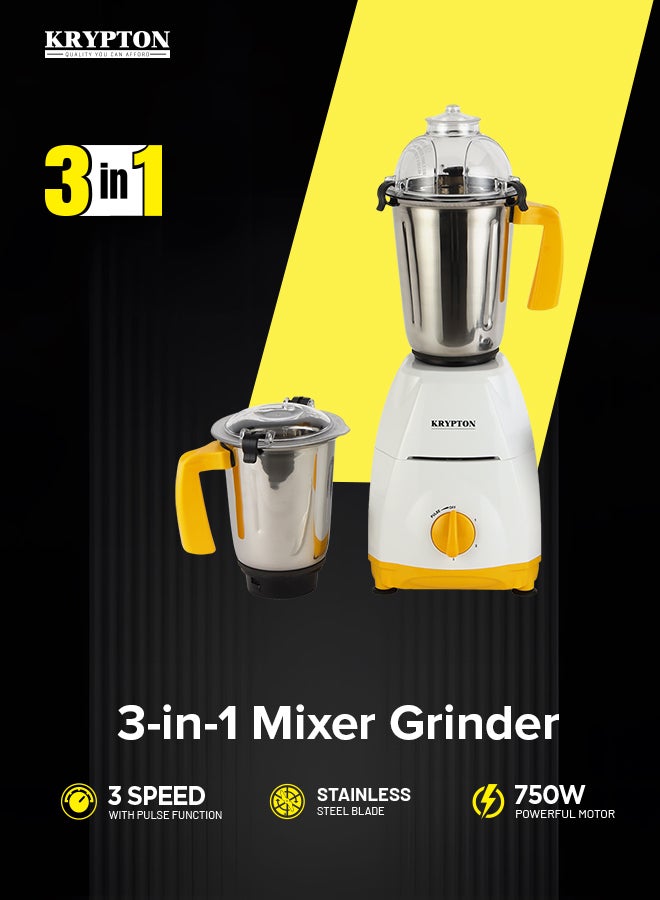 KRYPTON 3-in-1 Mixer Grinder with 750W Heavy-Duty Motor – Stainless Steel Jars & Blades, 3-Speed Control, Overload Protection, Multipurpose for Masala, Batter, Chutney, Juices 750 W KNB6425C White/Yellow - Image 5