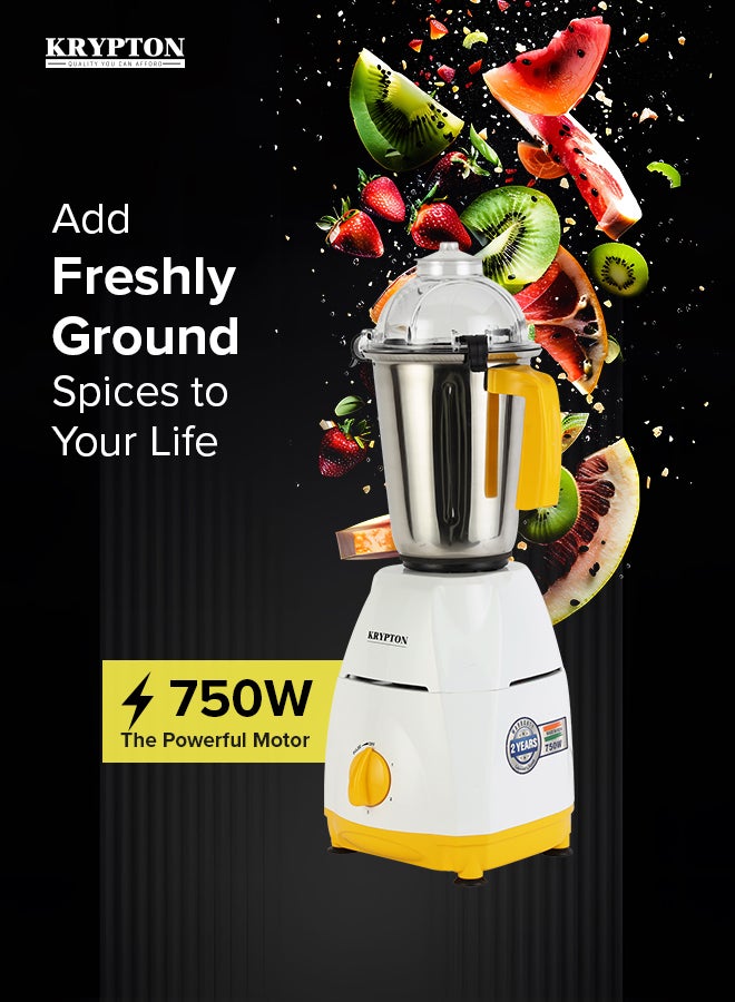 KRYPTON 3-in-1 Mixer Grinder with 750W Heavy-Duty Motor – Stainless Steel Jars & Blades, 3-Speed Control, Overload Protection, Multipurpose for Masala, Batter, Chutney, Juices 750 W KNB6425C White/Yellow - Image 2