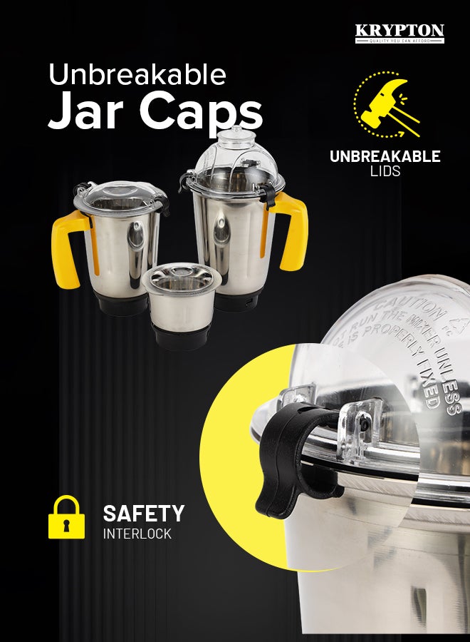 KRYPTON 3-in-1 Mixer Grinder with 750W Heavy-Duty Motor – Stainless Steel Jars & Blades, 3-Speed Control, Overload Protection, Multipurpose for Masala, Batter, Chutney, Juices 750 W KNB6425C White/Yellow - Image 4
