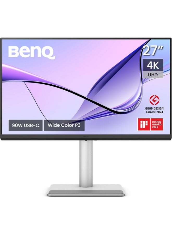 BenQ - 27" Inch 4K Monitor (3840x2160) for MacBook® Pro/Air, Dual USB-C, 90W Power Delivery, Mac Color Match, USB Hub, Brightness & Volume Control on Mac, Height & Tilt Adjustable Stand, P3 Color Gamut -MA270U | Silver - Image 1