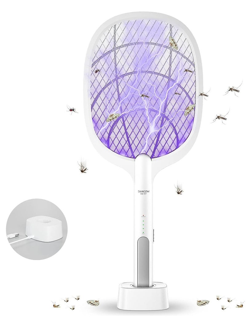 Home Care Electric Fly Swatter, 3500V USB Rechargeable Fly Killer Bug Zapper Racket with Charging Base, Home and Outdoor Mosquito Killer with LED Light for Mosquitoes, Flies, Bees, Moths (White)  - Image 1