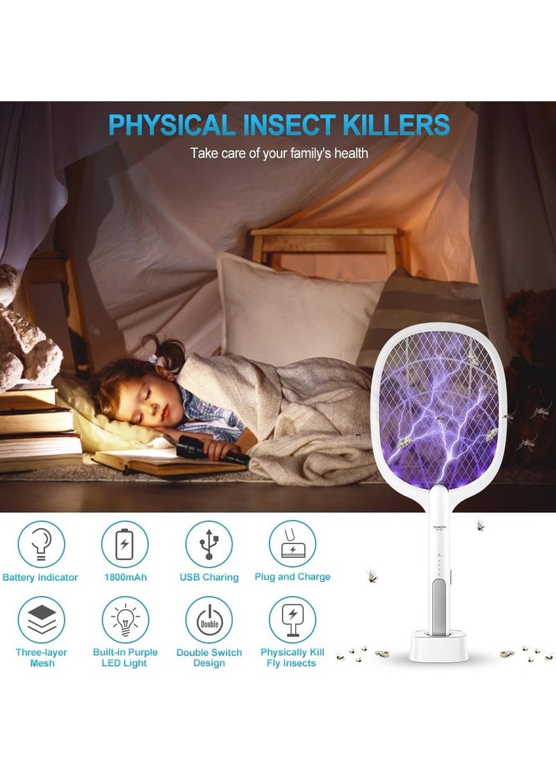 Home Care Electric Fly Swatter, 3500V USB Rechargeable Fly Killer Bug Zapper Racket with Charging Base, Home and Outdoor Mosquito Killer with LED Light for Mosquitoes, Flies, Bees, Moths (White)  - Image 2