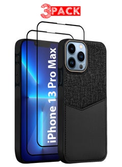 MARGOUN 3Packs iPhone 13 Pro Max Card Case Leather Back Cover with Card Holder, Slim and Lightweight, 1-2 Cards with Two 3D Screen Protectors- Black Black  - Image 1