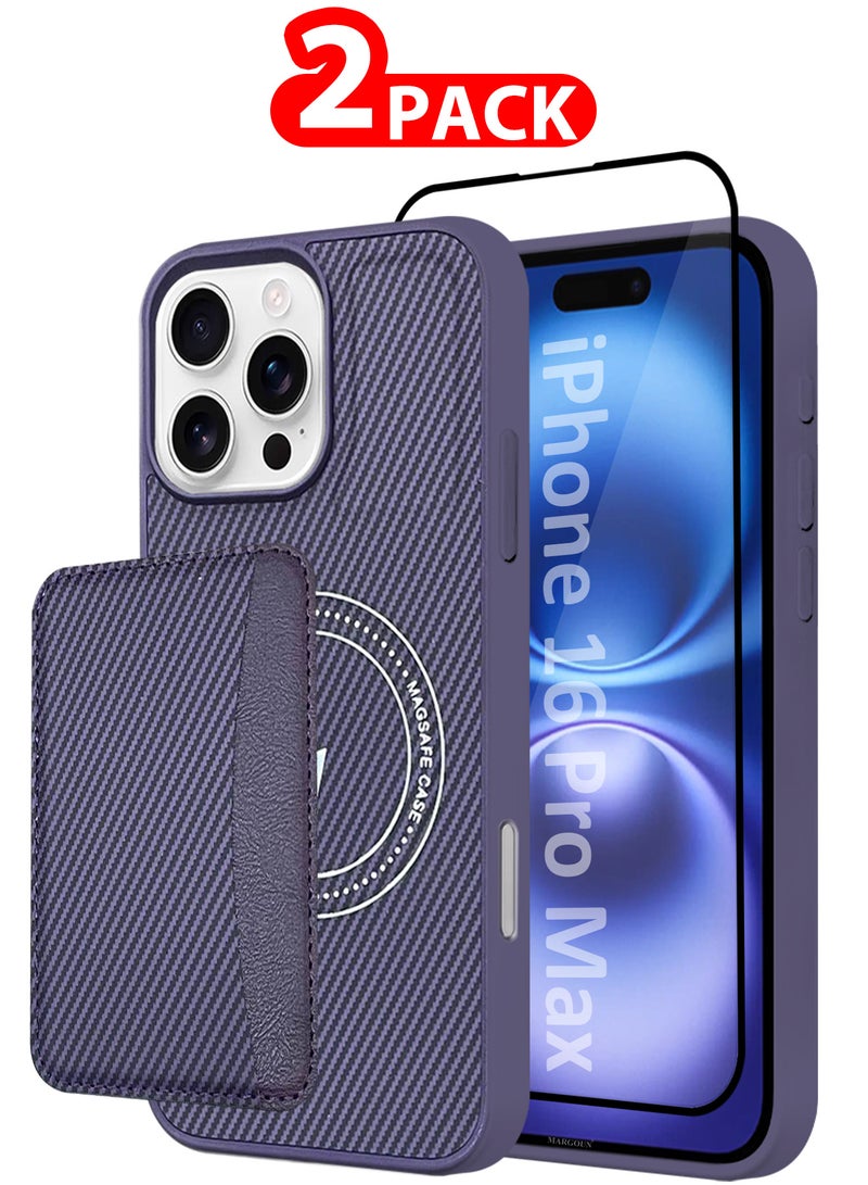 MARGOUN iPhone 16 Pro Max Case Leather 2Packs Antifingerprint Cover with Detachable Wallet Card Slot Shell Insert Card Holder Anti Fall Protection Carbon Fiber Design with 3D Screen Protector - Purple Purple-2 - Image 1
