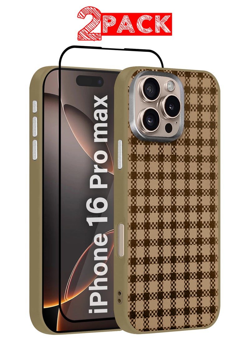 مارجون iPhone 16 Pro Max 2Packs Case Cover Carbon Fiber Pattern Phone Case Slim Shockproof Back Cover with 3D Screen Protector - Checkered Pattern-2 - Image 1