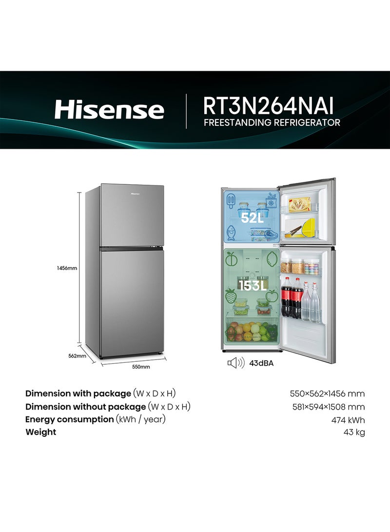 Hisense Gross 265L/Net 203L Top Mount Refrigerator Fridge RT3N264NAI, Deodorizing Filter, 2L Bottle Balcony, Total No Frost, One Line Handle Design, Inverter RT3N264NAI Silver - Image 4