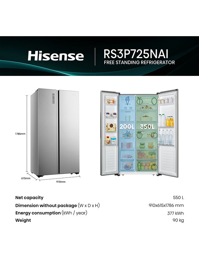 Hisense 670L Gross / 550L Net Capacity Side By Side Refrigerator, Total No Frost, Inverter, Multi Air Flow Super Cool RS3P725NAI Silver - Image 3