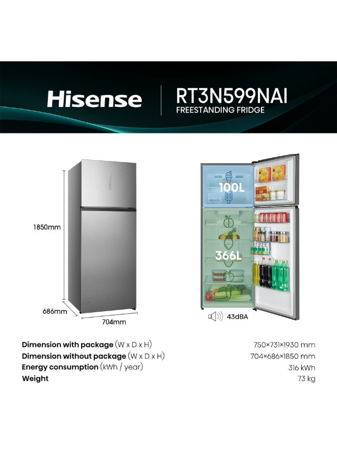 Hisense 599L Gross/ 466L Net Capacity  Top-mount Refrigerator, Inverter Technology,Total  No frost, recessed handle RT3N599NAI Silver - Image 3