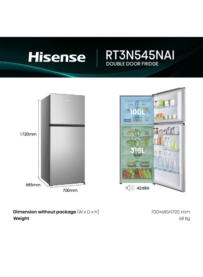 Hisense 545L Gross/ 424L Net Capacity Top-mount Refrigerator , With Inverter Technology, Total No frost With recessed handle RT3N545NAI Silver - Image 2
